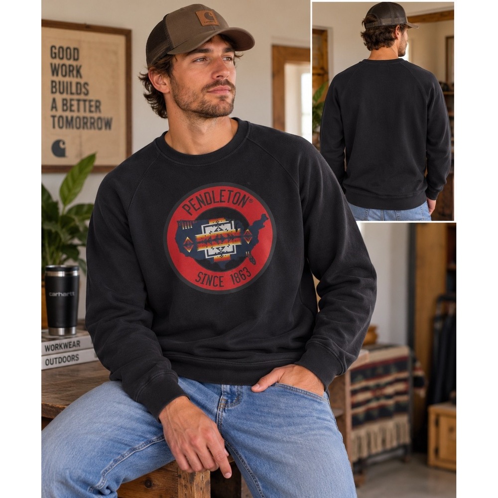 Pendleton Men’s L Black Graphic Sweatshirt USA Map Southwestern Kangaroo Pocket